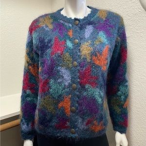 VTG Icelandic Design 1994 Turquoise/Fall Leaves Mohair blend Cardigan/Jacket